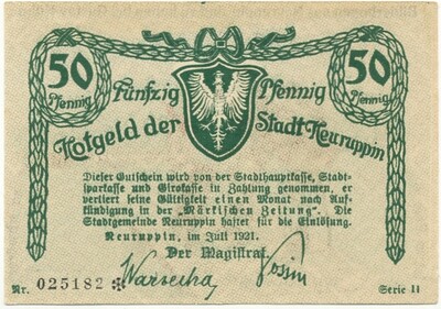 50 пфеннигов 1921 года Германия — город Нойруппин (Нотгельд)