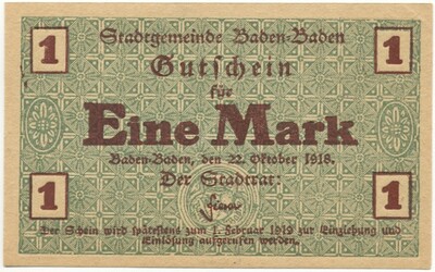 1 марка 1918 года Германия — город Баден-Баден (Нотгельд)