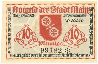 10 пфеннигов 1921 года Германия — город Майнц (Нотгельд)
