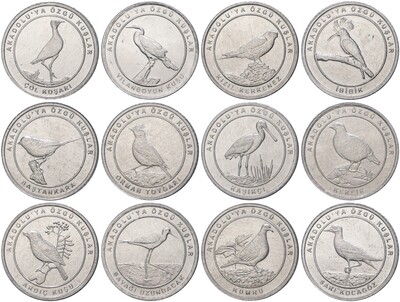 Набор из 12 монет 1 куруш 2020 года Турция «Птицы Анатолии»