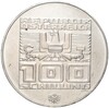 100 шиллингов 1975 года Австрия «XII зимние Олимпийские Игры 1976 в Инсбруке — Здания и Олимпийская эмблема»
